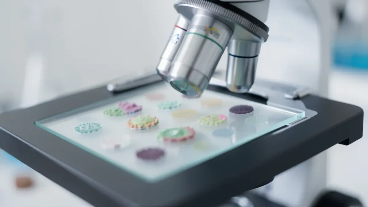 Generic image of a microscope lens focusing on a slide with blurred biological samples.
