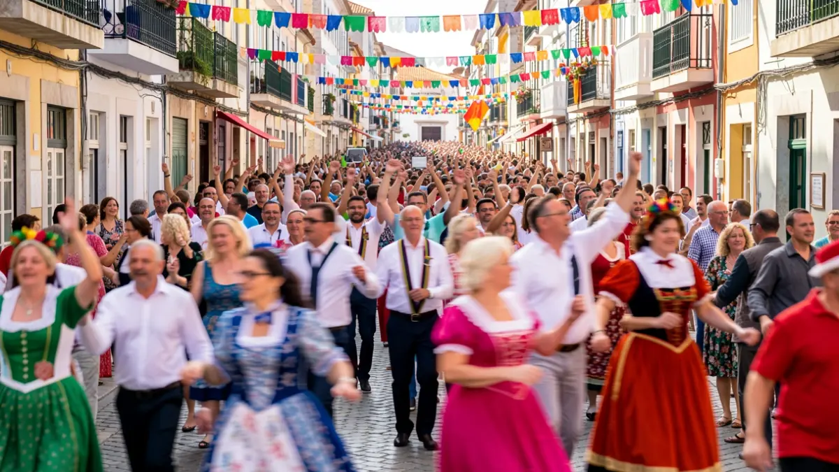 Generic image of a popular march in Portugal, with people celebrating and dancing in a festive atmosphere.