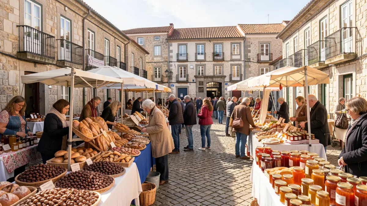 Feirinha de Produtos Tradicionais em Folgosinho, com artesãos e produtos locais em exposição.