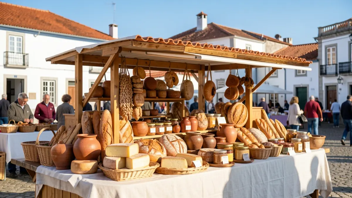 Imagem de uma banca de produtos locais em Fafe, com artesanato e comida.