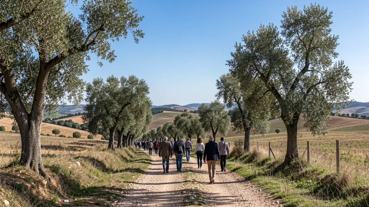 Caminho pedestre no Alentejo com sobreiros e colinas.