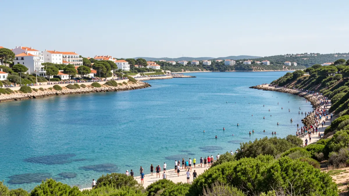 View of Albufeira Lagoon in Sesimbra, Portugal, with blue waters and green shores.