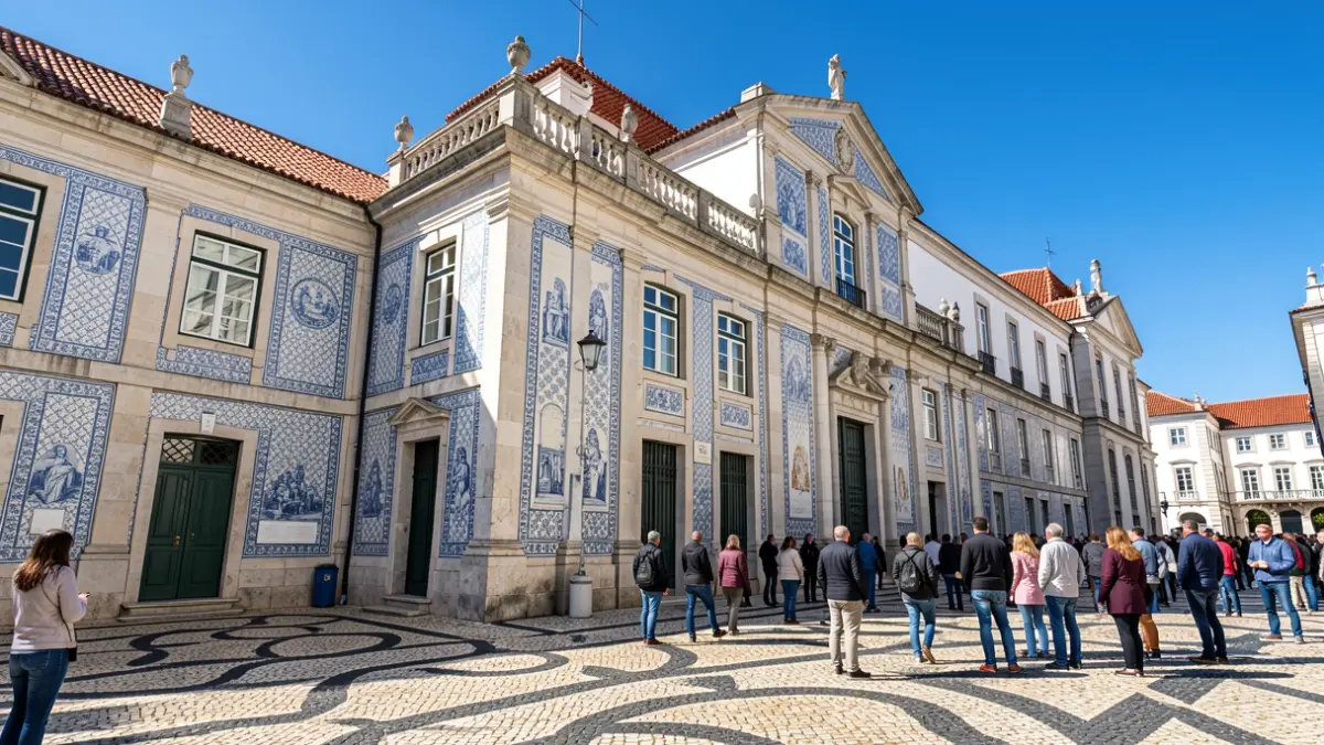 Facade of a university building in Viana do Castelo with Portuguese architectural elements.
