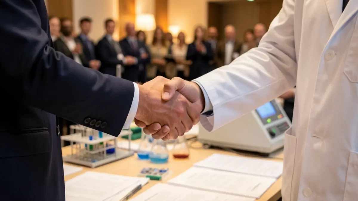 Generic image of a handshake between a businessman and a researcher over a table with blurred scientific equipment.