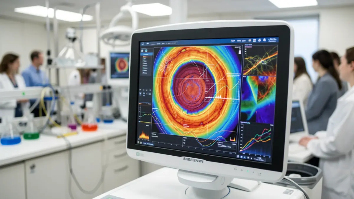 Imagem de um scanner médico a exibir uma ferida maligna com dados de IA.