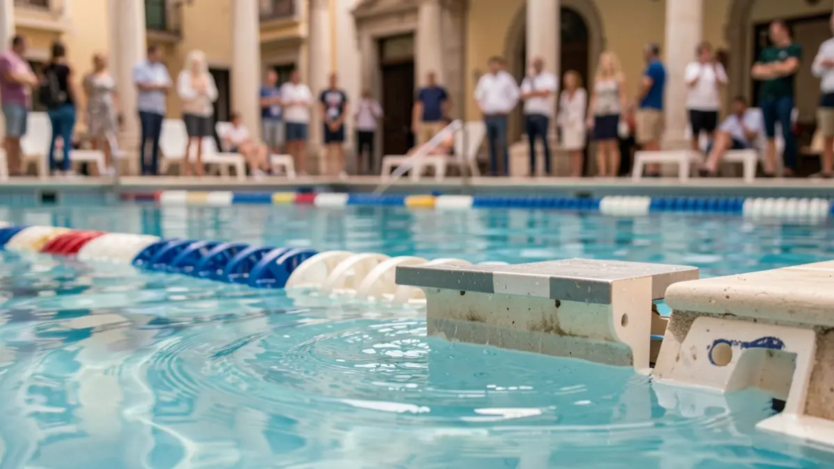 Imagen genérica de un marcador de piscina con ondulaciones en el agua, luz natural suave y elementos arquitectónicos portugueses sutiles al fondo.