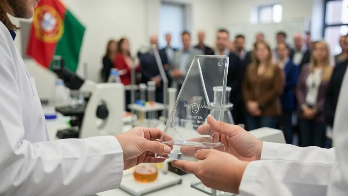 Generic image of a scientific award held by a researcher, with blurred laboratory equipment in the background.