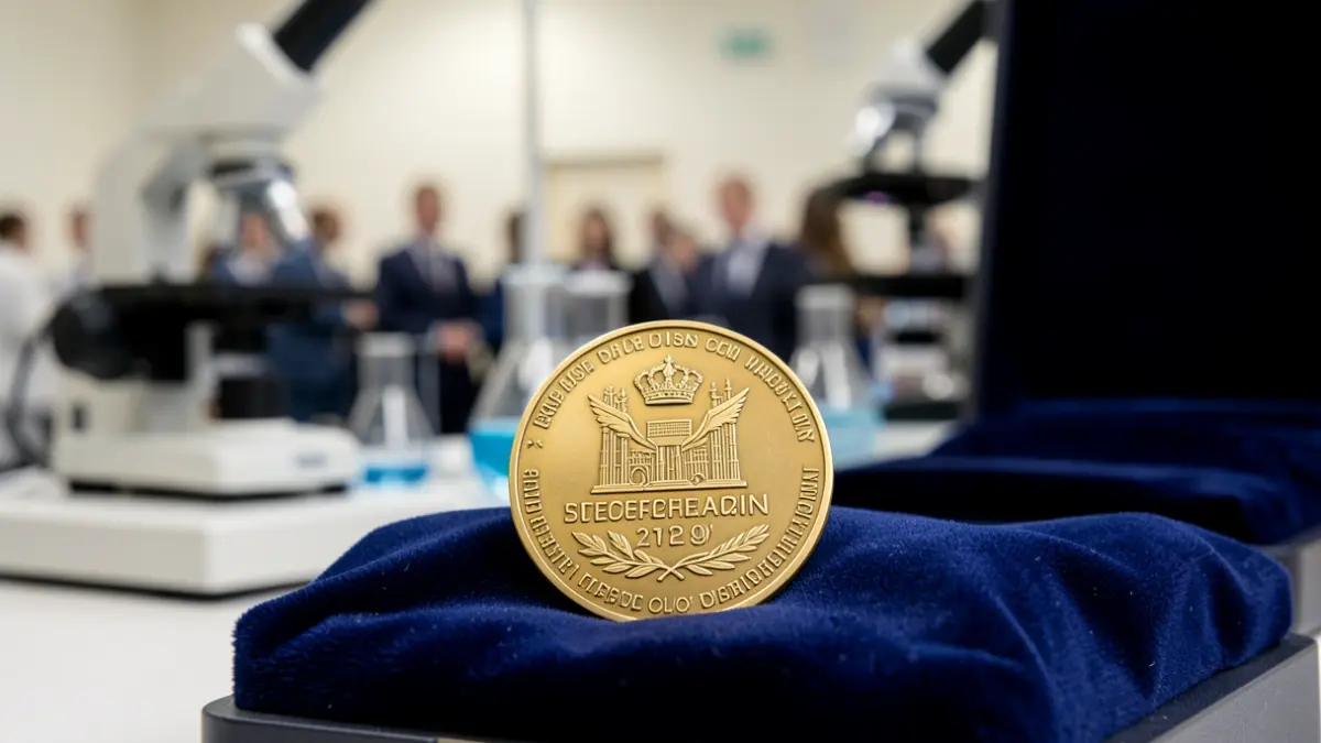 Generic image of a scientific award medal on a blue velvet cushion.