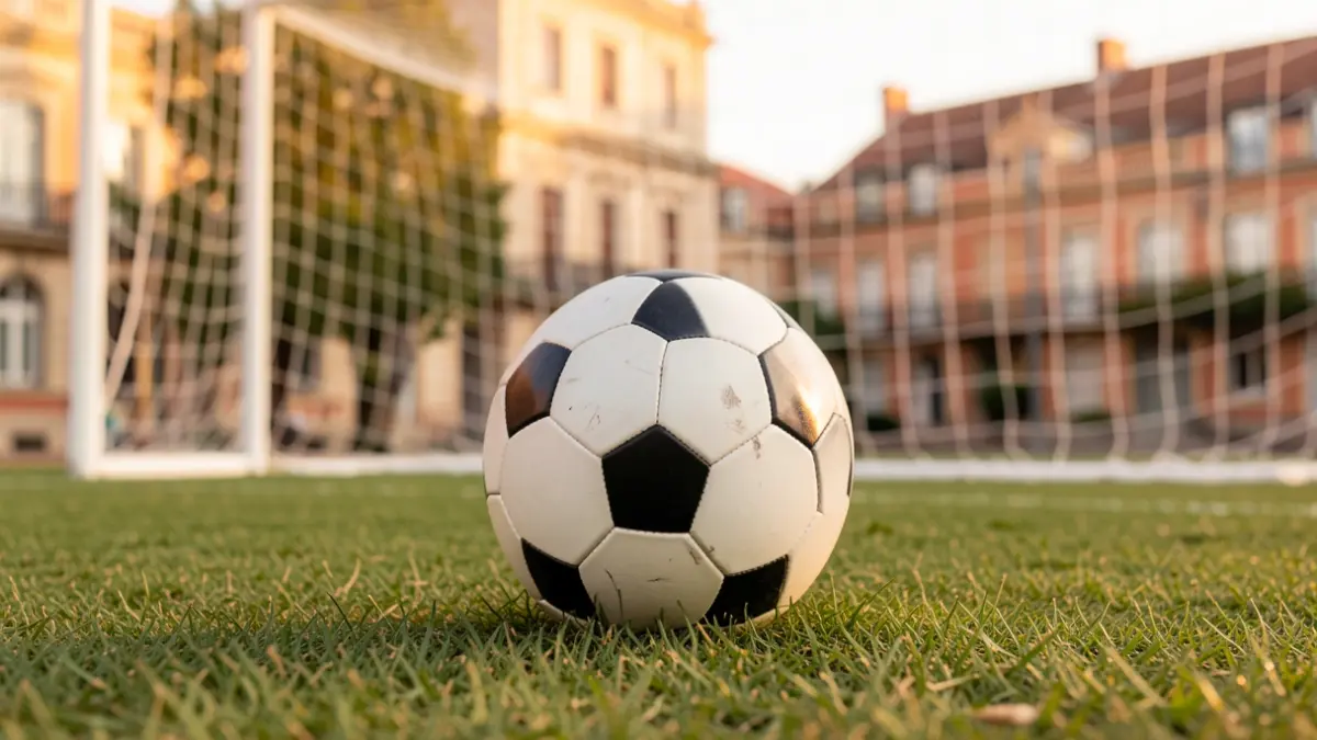 Generic image of a soccer ball on grass, with the goal net blurred in the background and Portuguese university architecture in the distance.