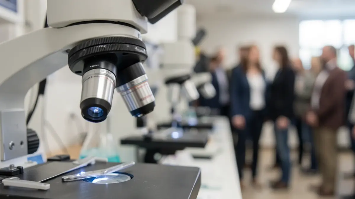 Generic image of a microscope lens with blurred scientific equipment in the background, soft laboratory lighting.