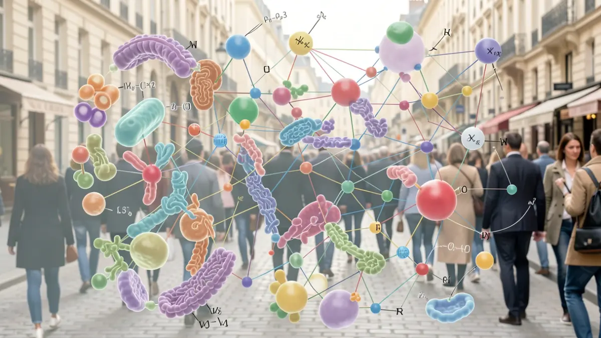 Imagem genérica de representação abstrata de investigação sobre microbioma vaginal com elementos de gráficos matemáticos.