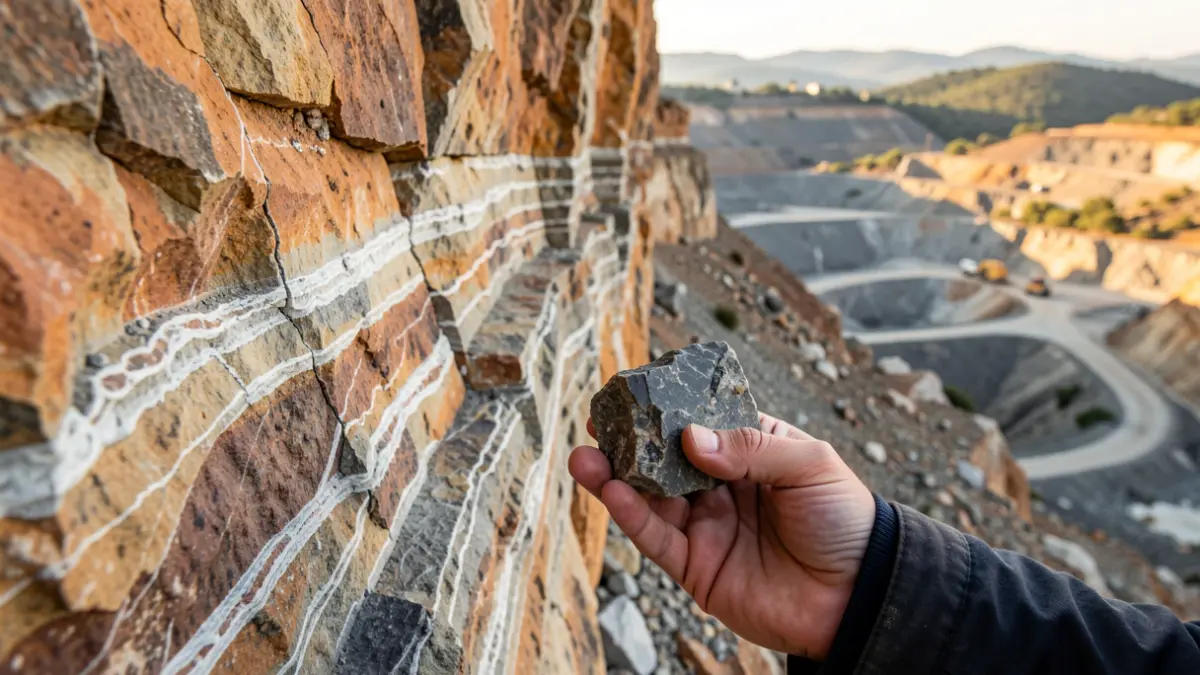 Imagem genérica de estratos geológicos e veios minerais expostos numa face rochosa, com uma mão a segurar uma amostra de rocha para escala, e uma paisagem mineral rica em Portugal ao fundo.