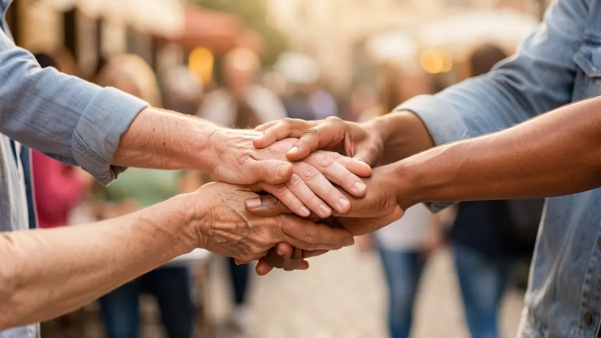 Imagem genérica de mãos diversas de diferentes idades e etnias a juntarem-se em gesto de união e apoio.