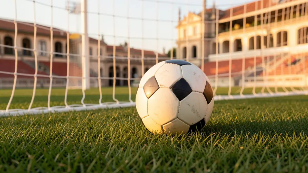 Imagem genérica de uma bola de futebol em relva com a baliza desfocada ao fundo.