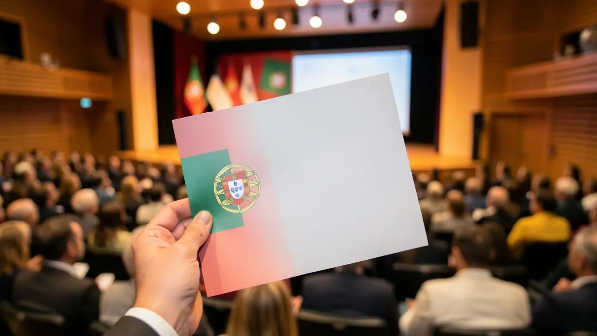Generic image of a hand holding a certificate with a subtle Portuguese flag motif, with blurred background of a modern auditorium stage and audience. Warm, celebratory lighting.
