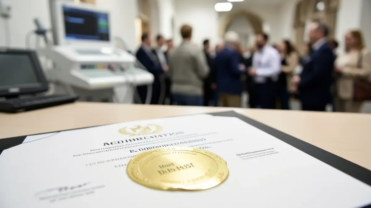 Imagen genérica de un certificado de acreditación médica con sello dorado.