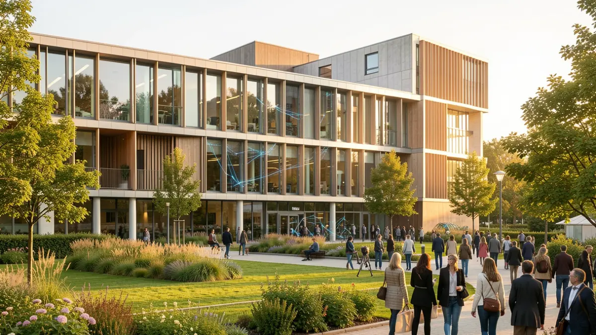 Generic image of a modern university building with green spaces, symbolizing innovation and connection.