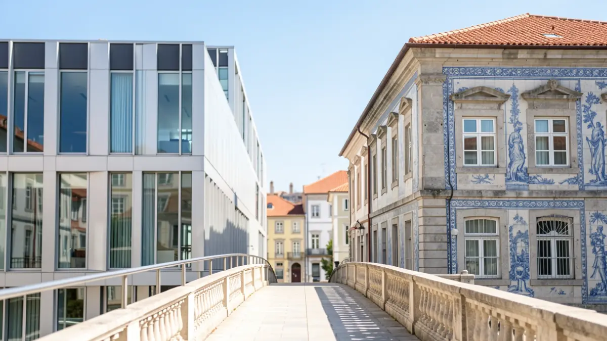 Imagen genérica de dos fachadas de universidades portuguesas, una moderna y otra tradicional, unidas por un puente, bajo luz solar clara.