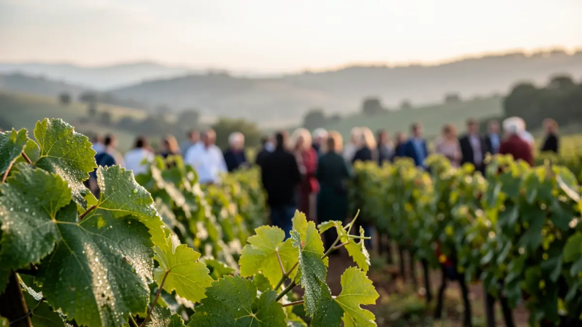 Image of a Portuguese vineyard at dawn, focusing on the leaves with blurred hills in the background.