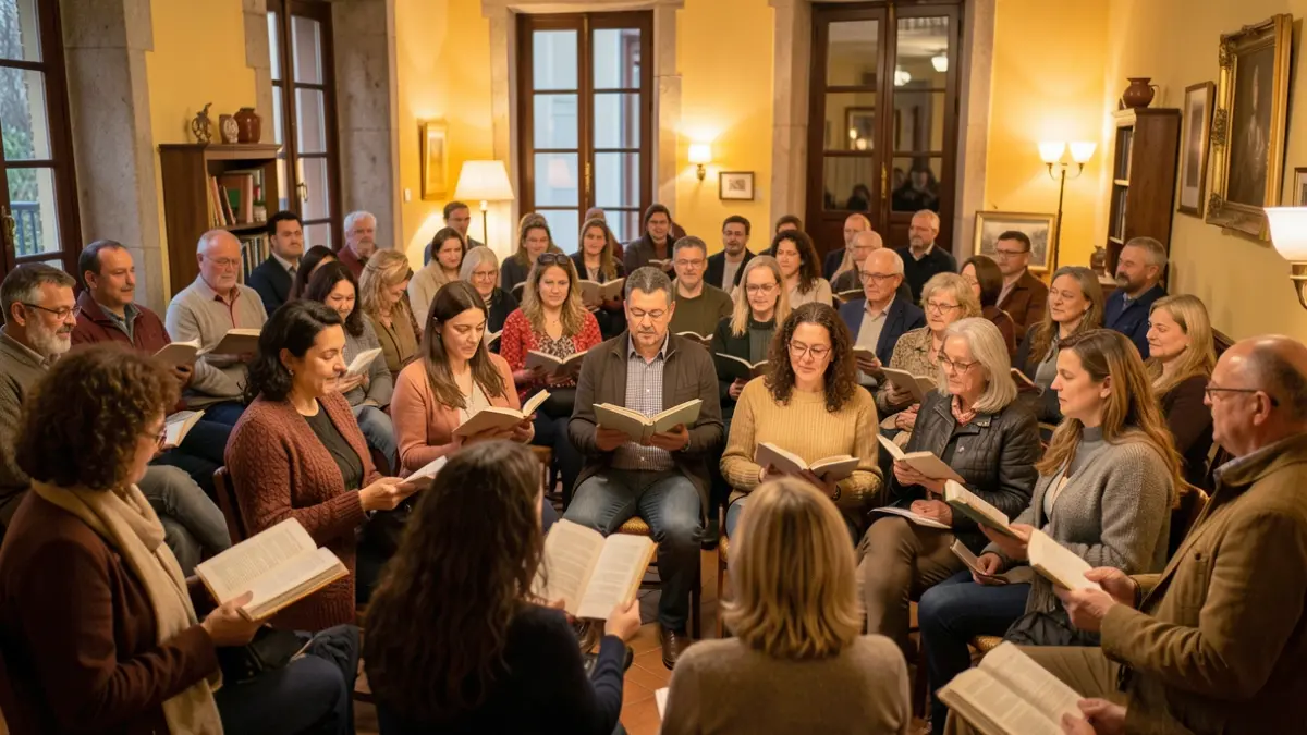 Imagem genérica de um grupo diversificado de pessoas a ler poesia em várias línguas numa sala acolhedora.
