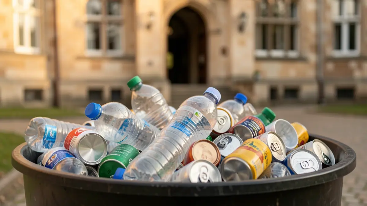 Generic image of bottles and cans being collected in a bin, with a blurred university building in the background.