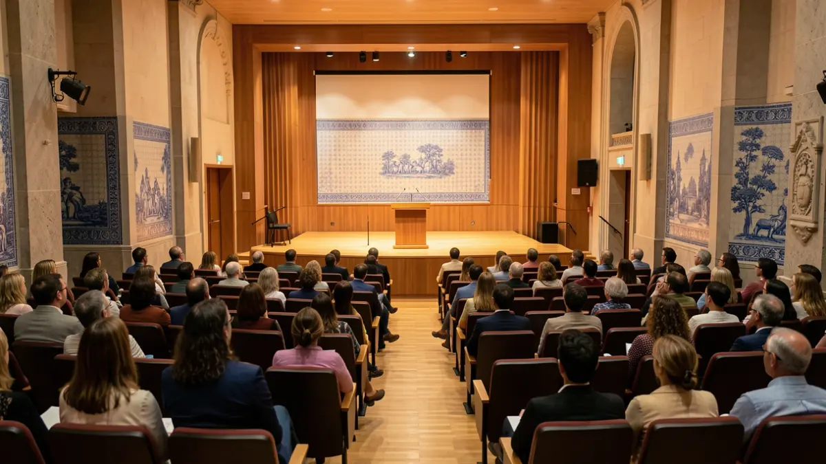 Generic image of an academic auditorium in Portugal, with a stage and empty seats, ambient lighting.