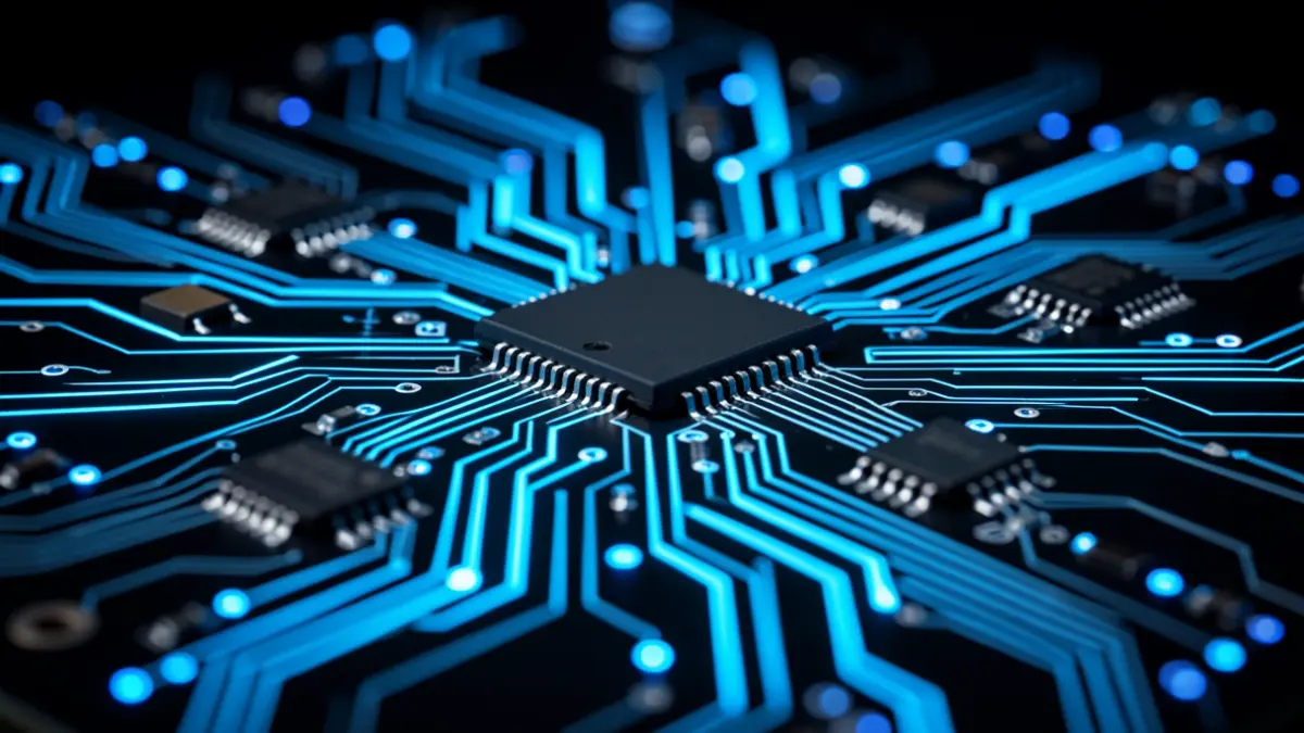 Imagen genérica de un circuito electrónico con luces azules brillantes, representando tecnología avanzada.