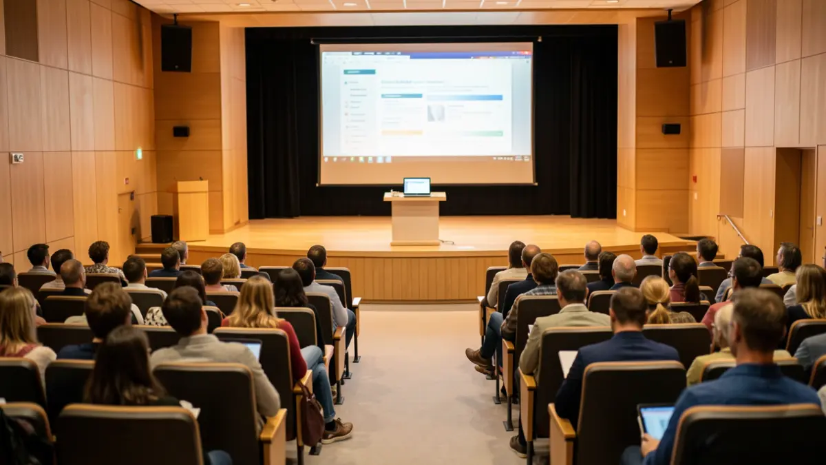 Imagem genérica de uma sala de aula universitária com cadeiras vazias e um palco.