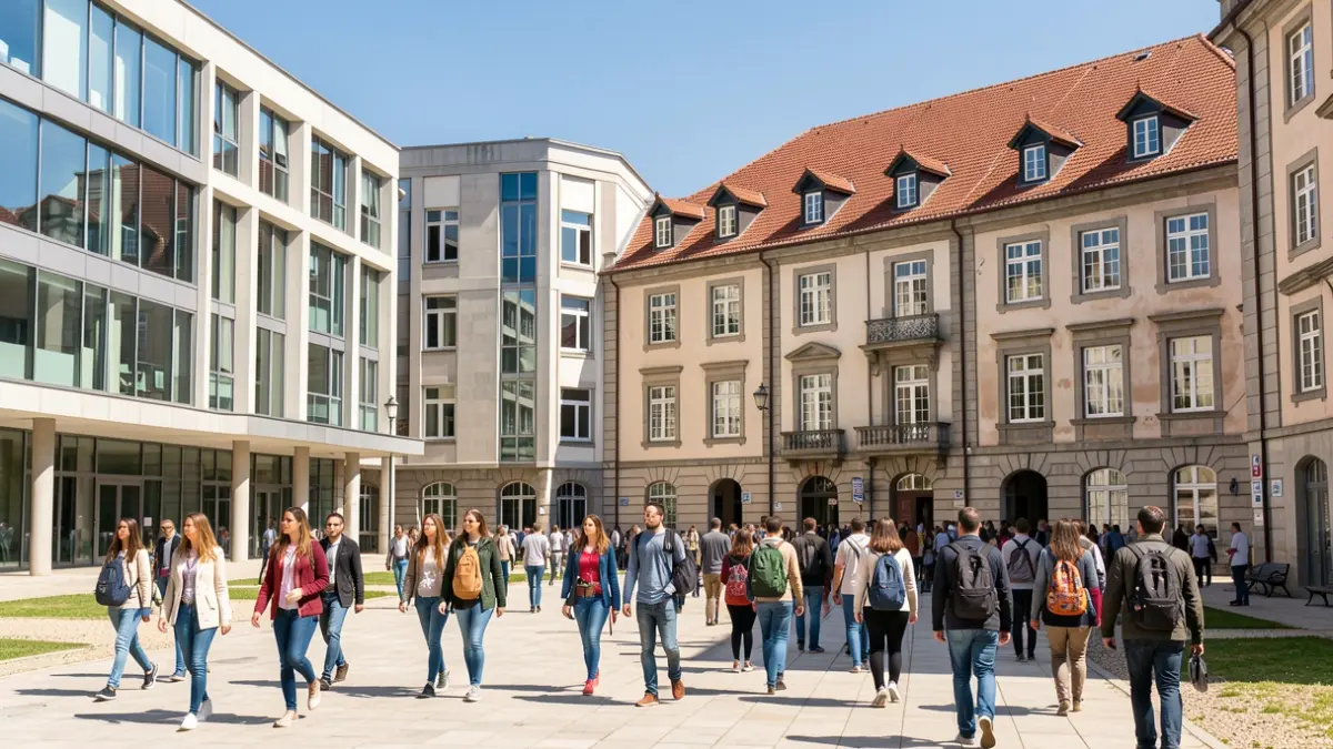 Generic image of a Portuguese university campus with modern and traditional architecture, students walking in the background, sunny day, academic atmosphere.