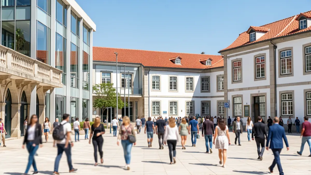 Generic image of a Portuguese university campus with modern and traditional architecture, in the sun, with blurred people in the background.