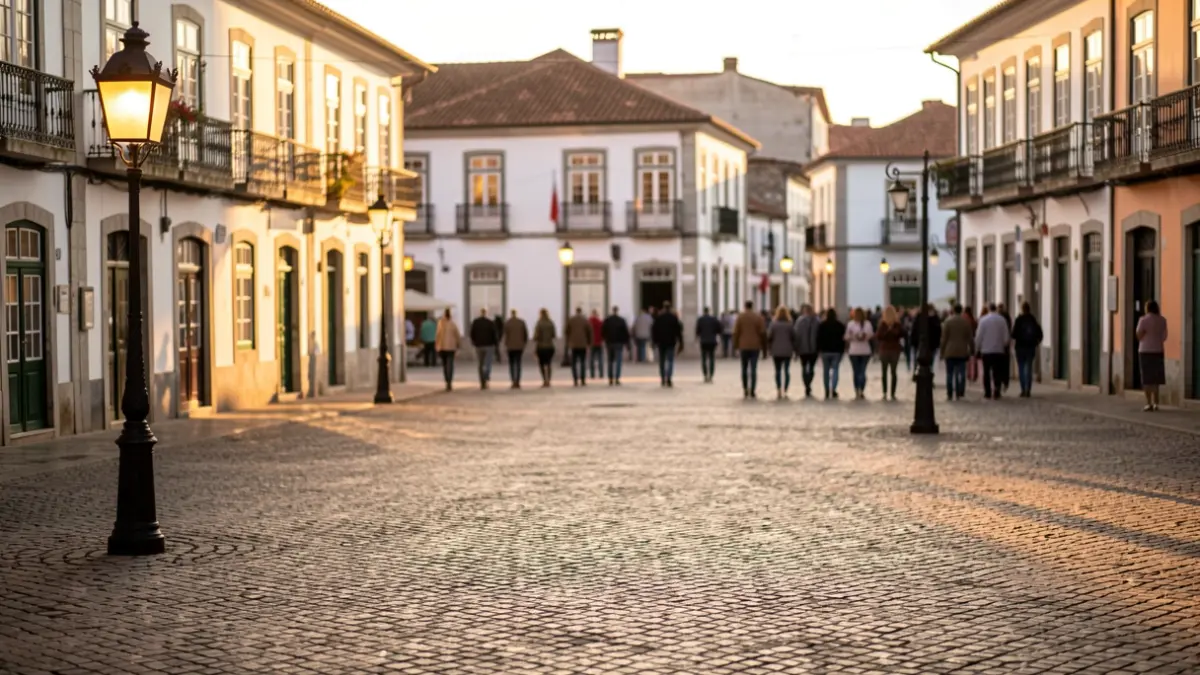 Imagen genérica de una plaza portuguesa con pavimento de adoquines y farolas ornamentadas, luz cálida de atardecer.