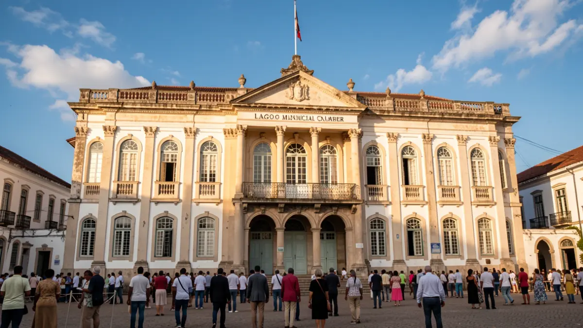 Fachada do edifício da Câmara Municipal de Lagos, um edifício histórico português com arquitetura tradicional, sob a luz do sol da tarde.