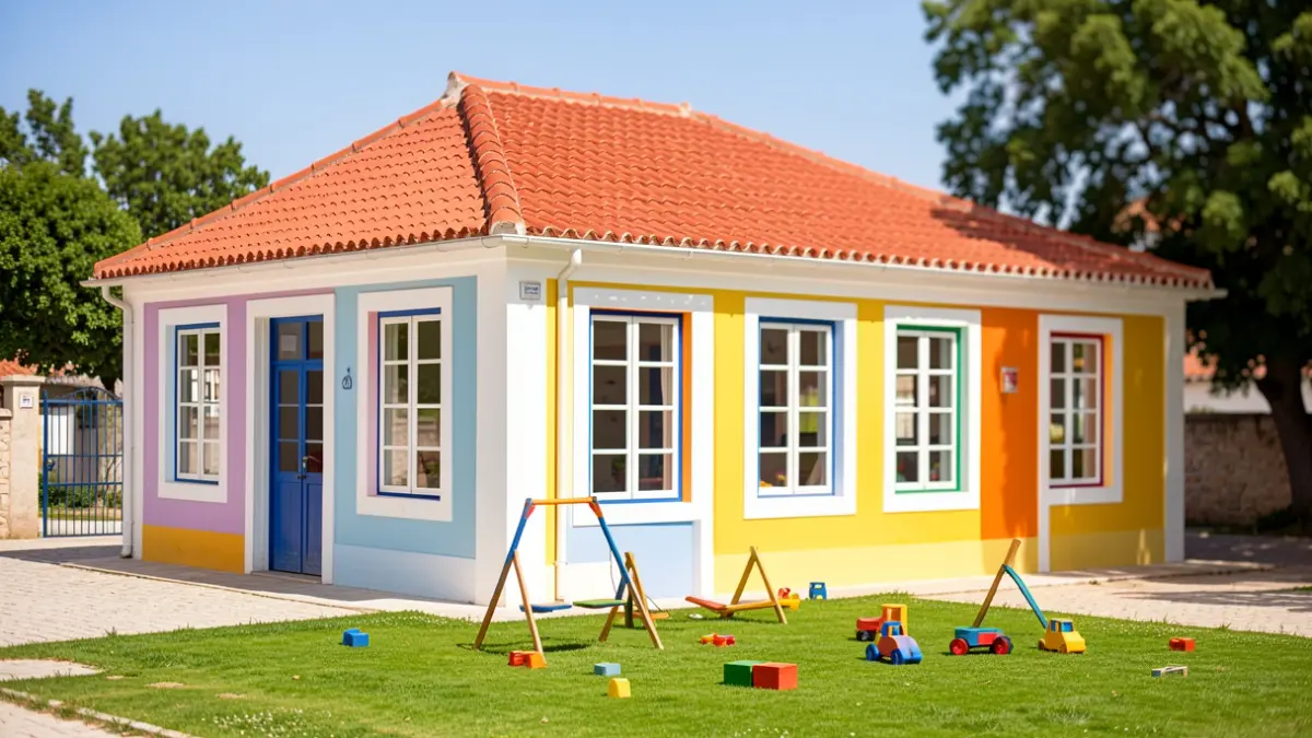 Generic image of a colorful kindergarten building with a small playground.