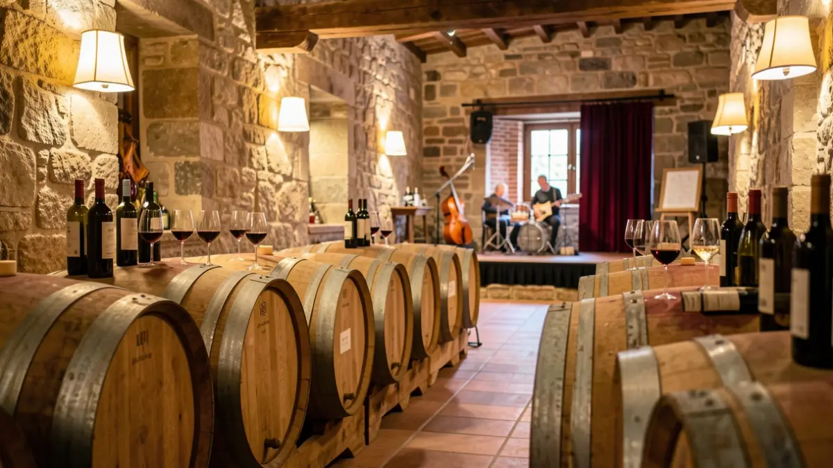 Imagen genérica de una bodega tradicional portuguesa con barricas de vino y botellas, luz ambiental cálida y un escenario al fondo.