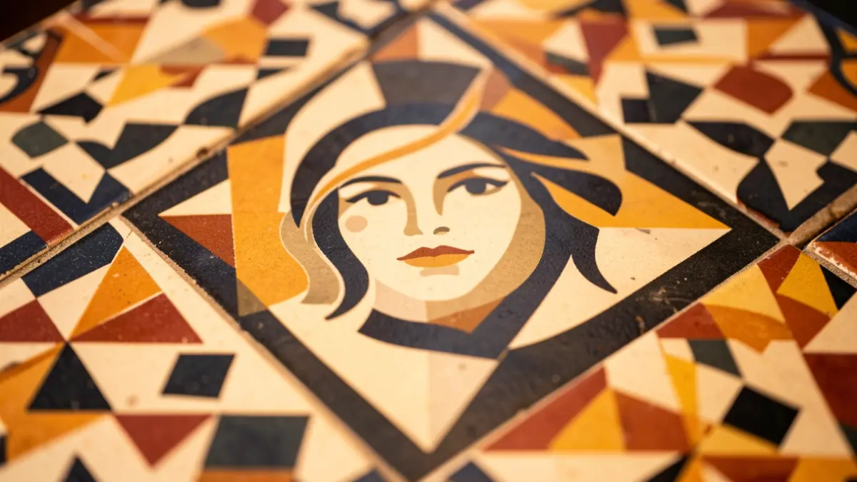 Generic image of a ceramic tile with a geometric pattern inspired by Portuguese 'calçada portuguesa' and a subtle female face.