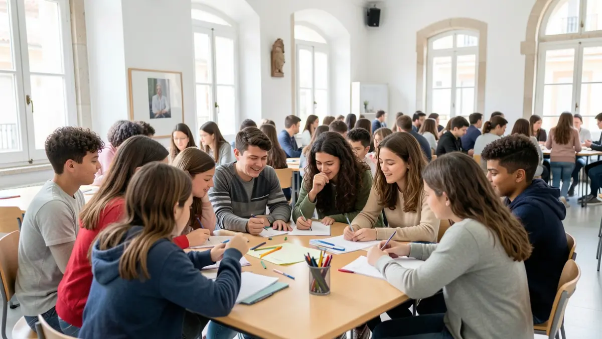 Imagen de alumnos y profesor en un aula portuguesa, centrada en la inclusión y la pertenencia.