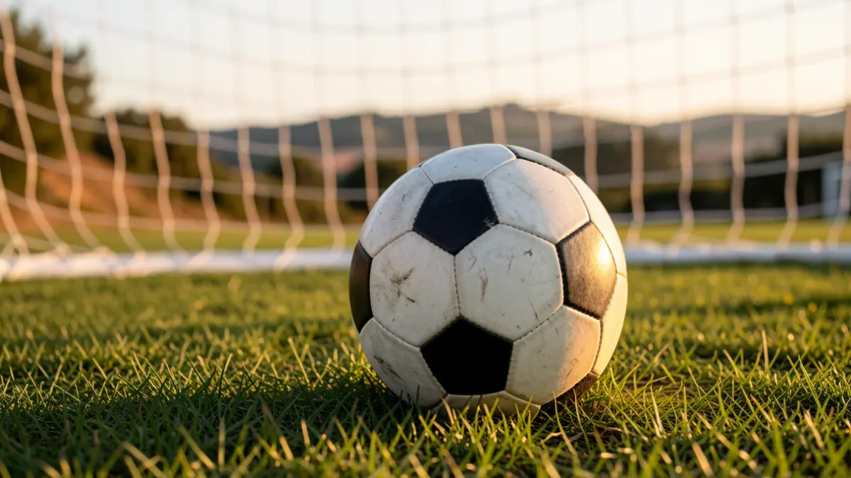 Imagem genérica de uma bola de futebol num relvado com rede de baliza desfocada.
