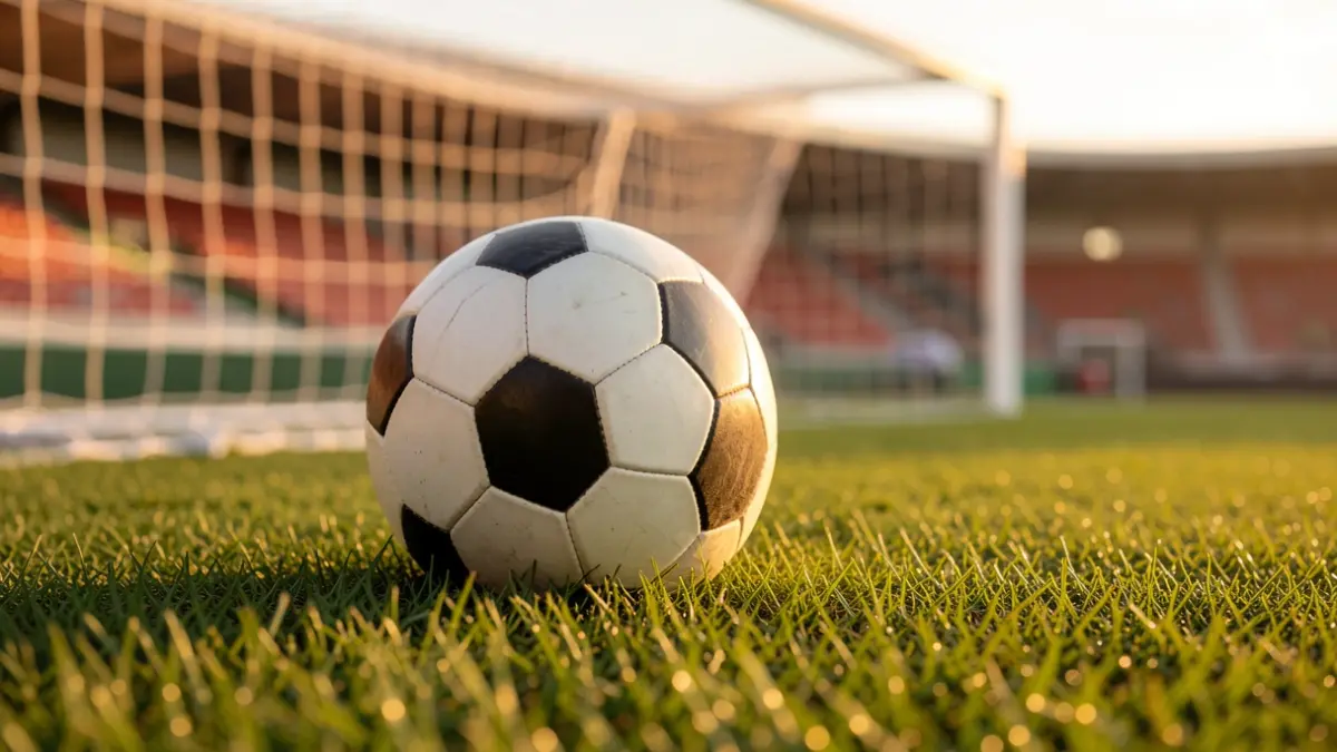 Imagen genérica de un balón de fútbol en el campo, con la portería desenfocada al fondo.