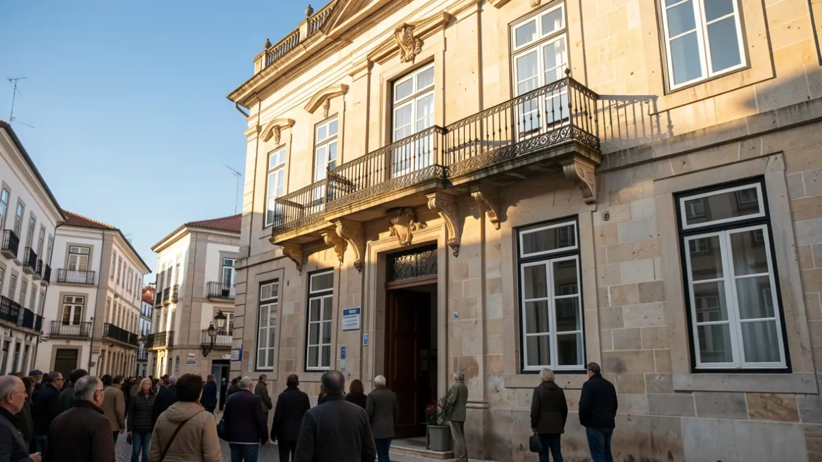 Generic image of a Portuguese town hall facade with ornate balcony and iron railings, warm afternoon sunlight casting shadows on the sandstone walls, blue sky.