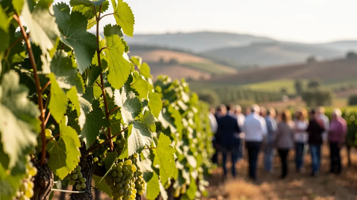 Image of green vineyards in Redondo, Alentejo, at sunset.