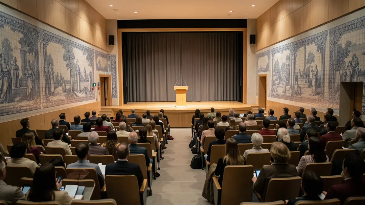 Generic image of a modern auditorium with empty seats and a lectern on stage, in Portugal.