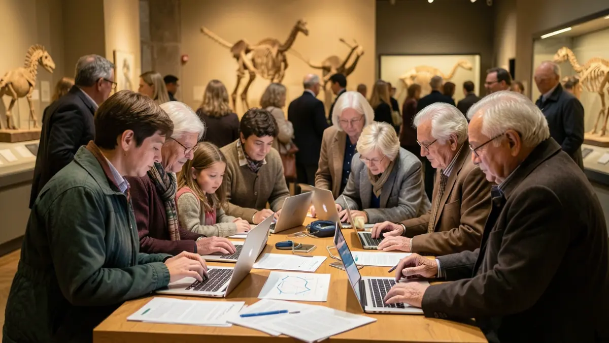 Participants of various ages in a climate journalism workshop at the National Museum of Natural History and Science in Lisbon.