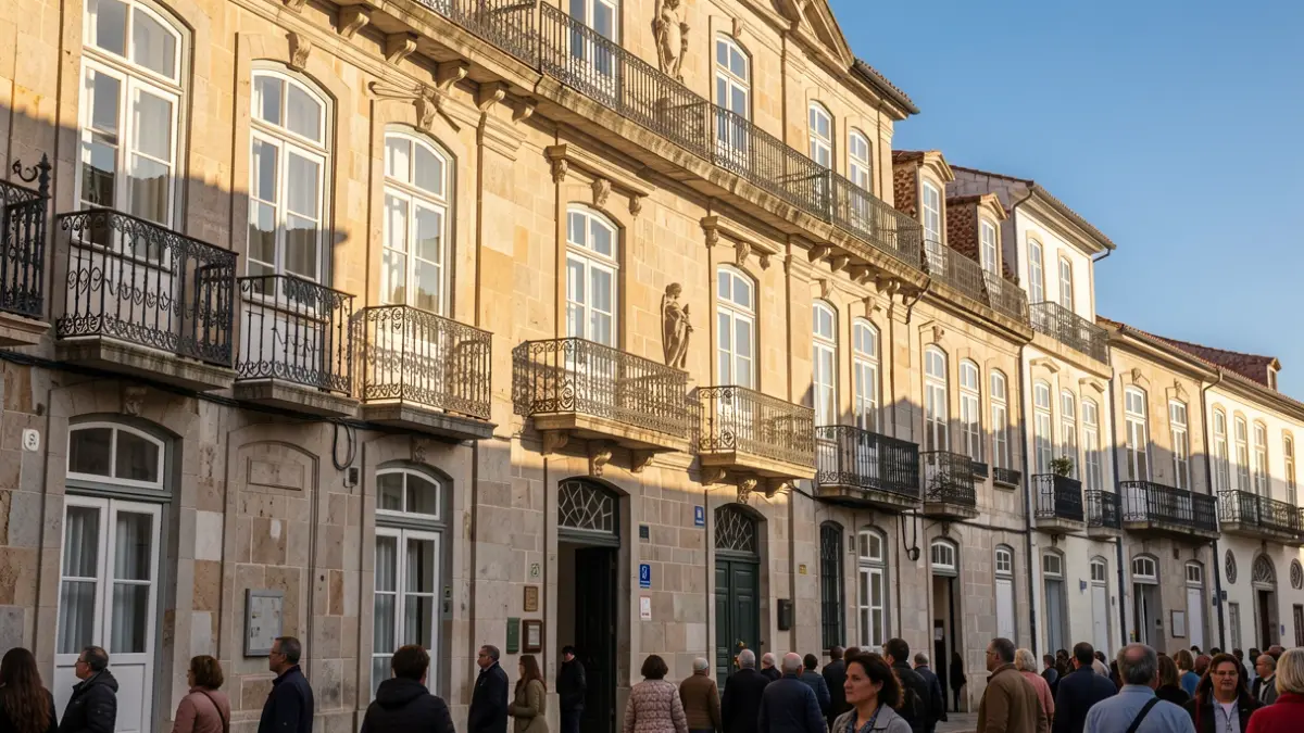 Fachada de um edifício municipal português com varandas ornamentadas e balaustres de ferro, luz solar quente da tarde, céu azul.