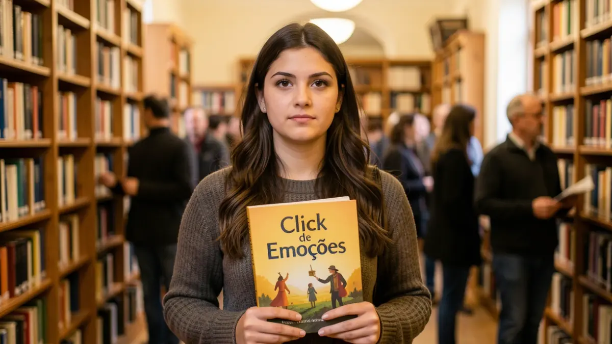 Imagem genérica de uma jovem autora portuguesa a apresentar o seu livro numa biblioteca.