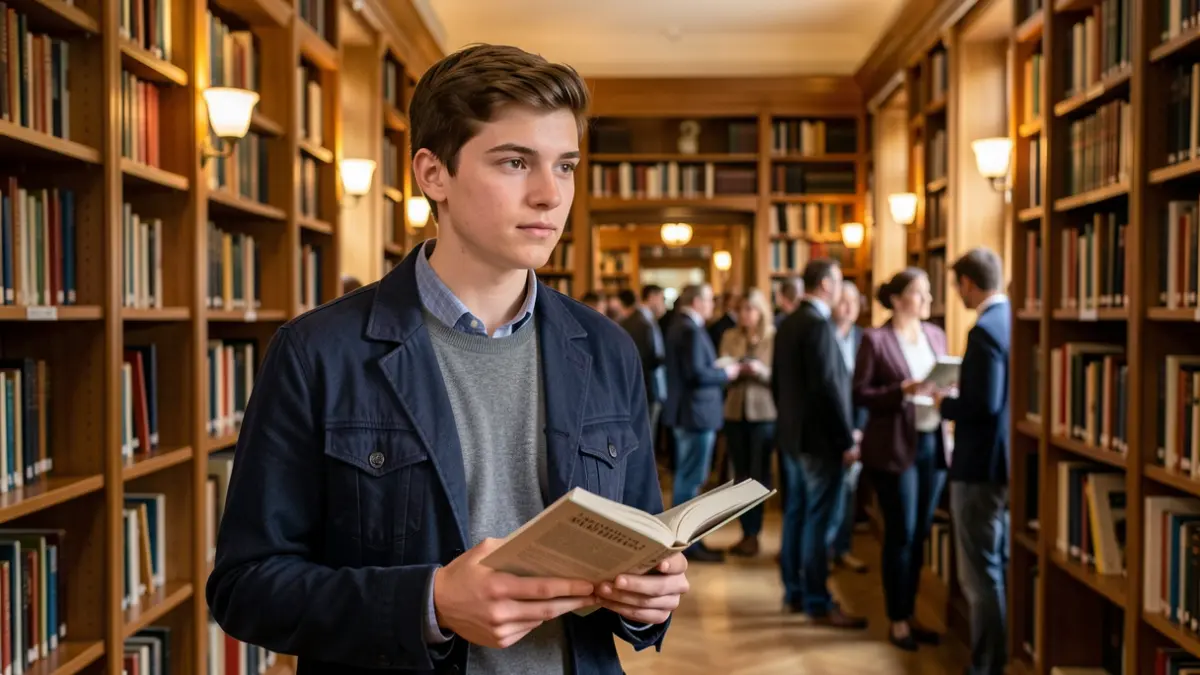 Generic image of a young writer presenting his book in a library.