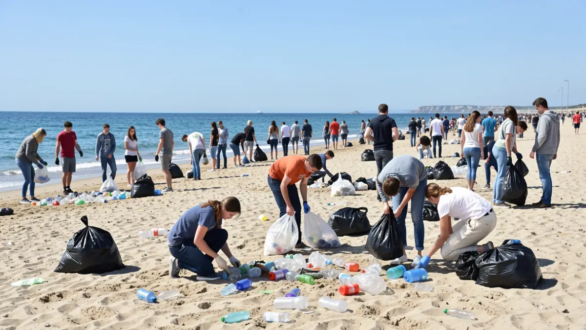 Generic image of young people and adults collecting trash on a beach, with the ocean in the background.