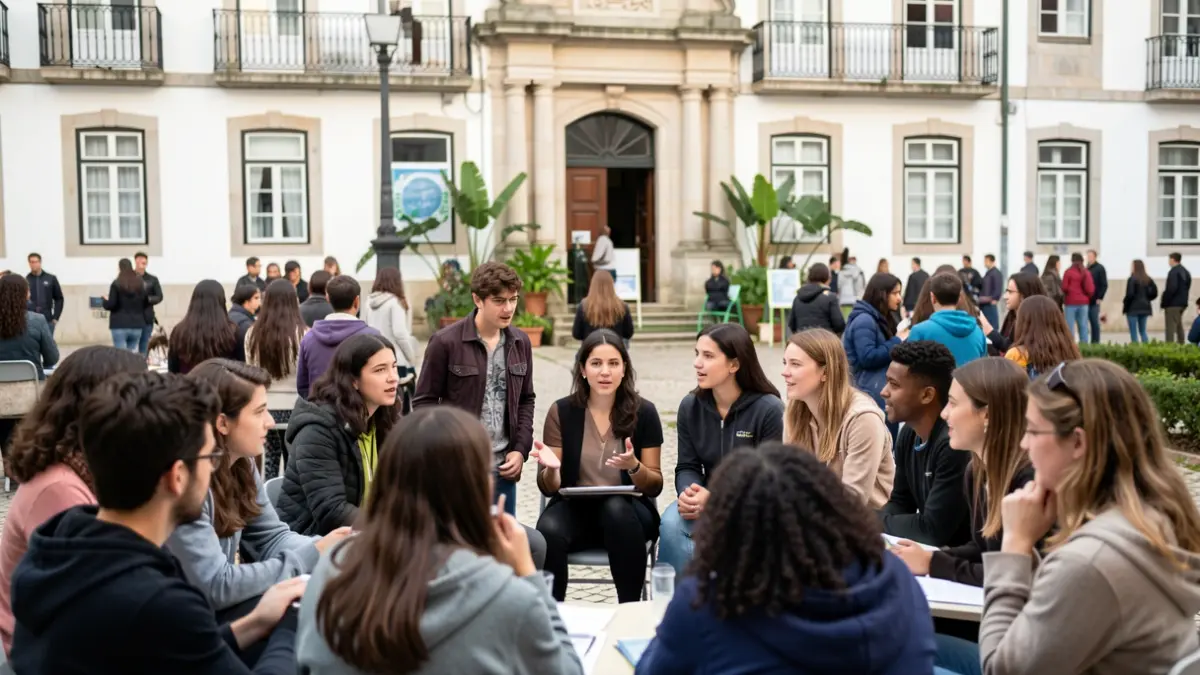 Imagem genérica de jovens a debater o futuro climático em frente a um edifício municipal português.