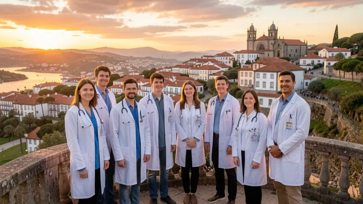 Generic image of a group of young doctors in a landscape at sunset with traditional Portuguese architecture.