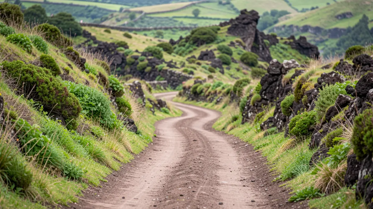 Imagem genérica de um caminho rural bem mantido nos Açores, com vegetação verde e formações rochosas.