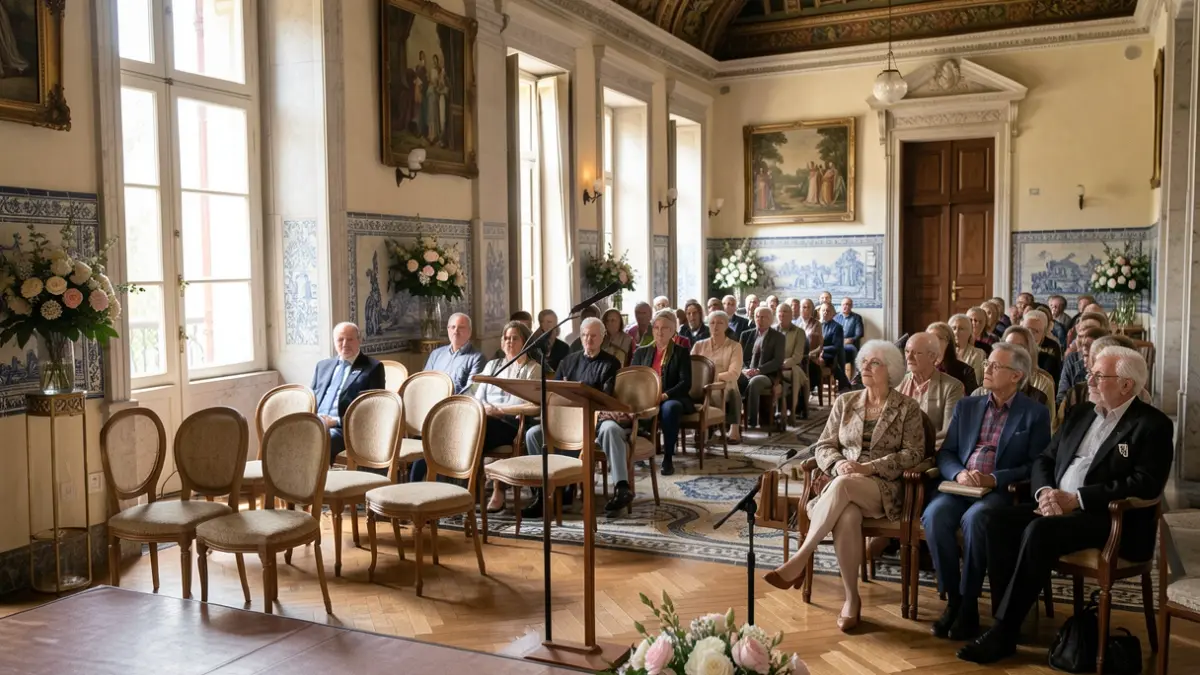 Imagen genérica de un salón de palacio portugués decorado para un evento, con sillas y un atril.